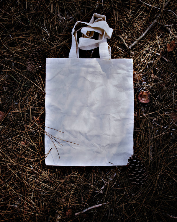 Reusable canvas tote seen from above, laying flat on a patch of grass