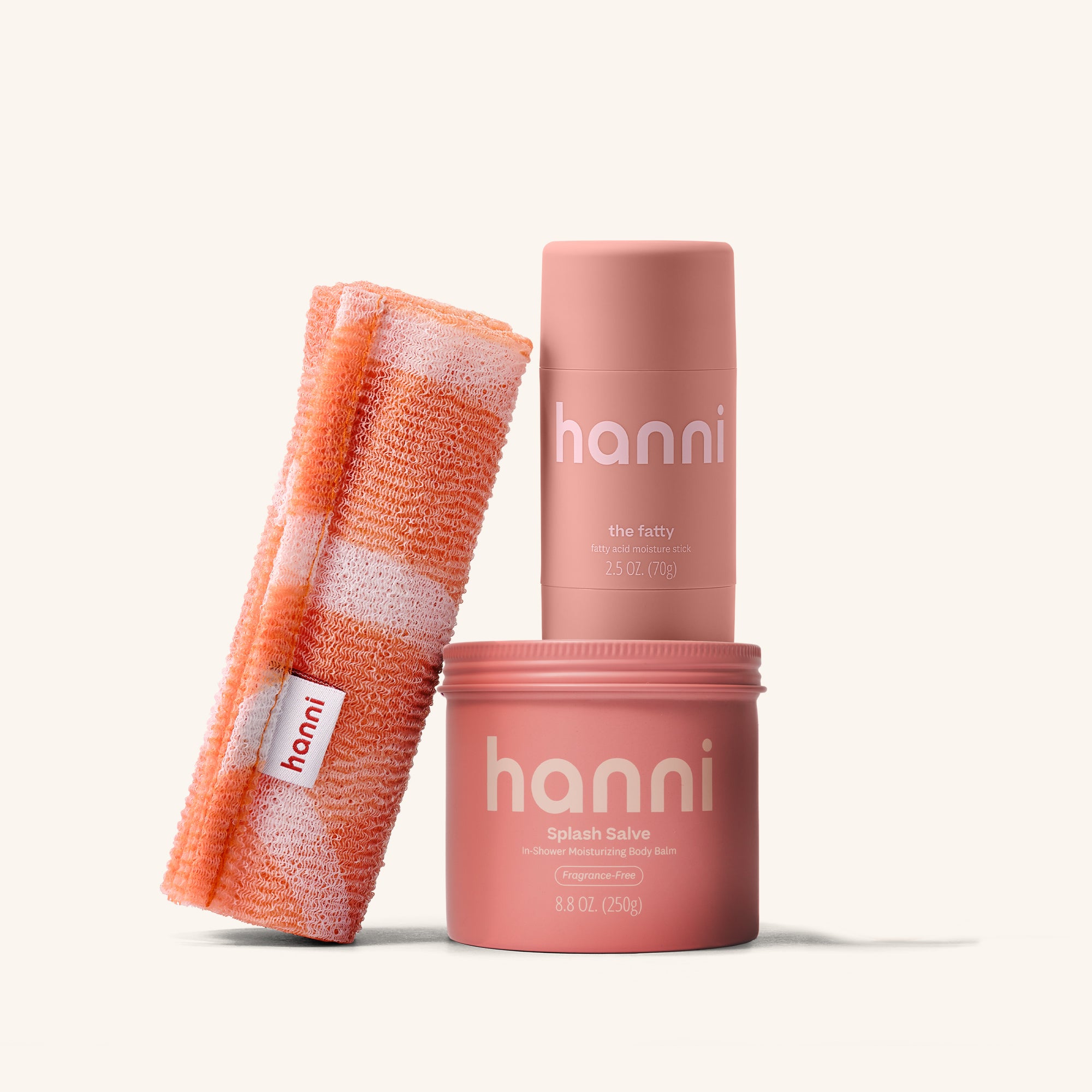 From left to right: Shower Scarf, The Fatty, and Splash Salve Fragrance-Free